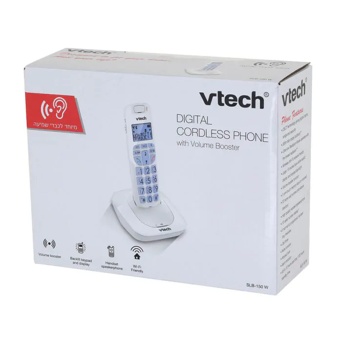 קופסה לבנה של טלפון אלחוטי דיגיטלי Vtech עם מגבר קול, המיועד לכבדי שמיעה.